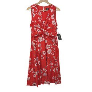 Vince Camuto Floral Knot Front Sleeveless Dress Stretch Red Size 14 Petite NEW